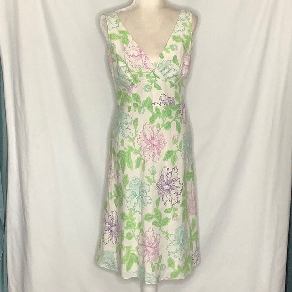 Anne Taylor Loft Cottagecore Linen Rayon Floral Sleeveless Dress Size 4